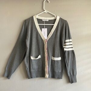 Thom Browne Gray Cardigan with Cream Stripes